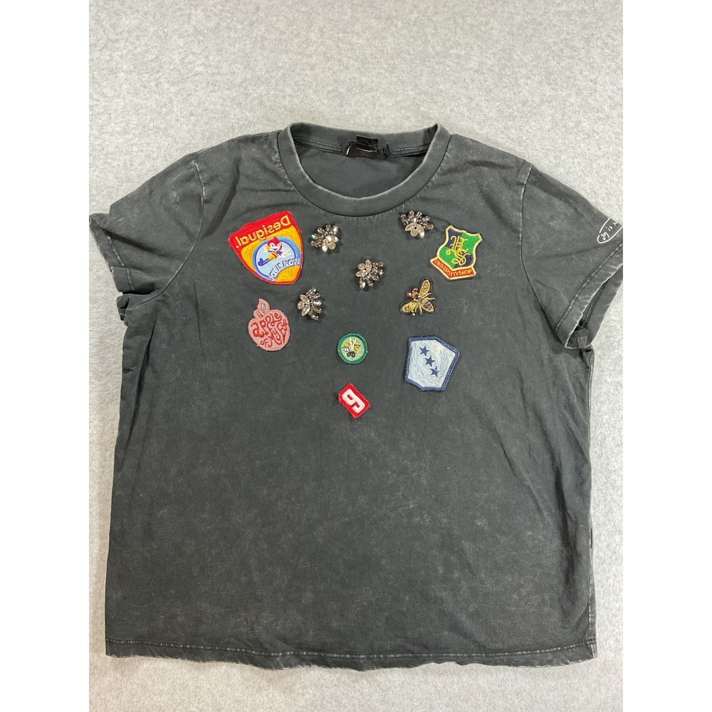 Desigual Womens XL Acid Wash Patch Rhinestone T-Shirt Gray 22WWTKA3 2289
